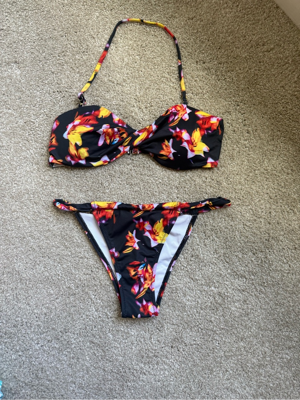 Floral Black Bandeau Bikini Set with Removable Strap